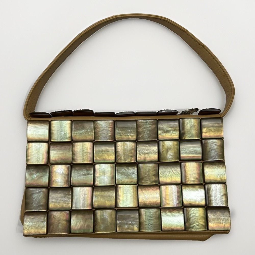 VTG Bottega Veneta Tile Handbag Purse Mother Of Pearl Beige Leather Italy Bag